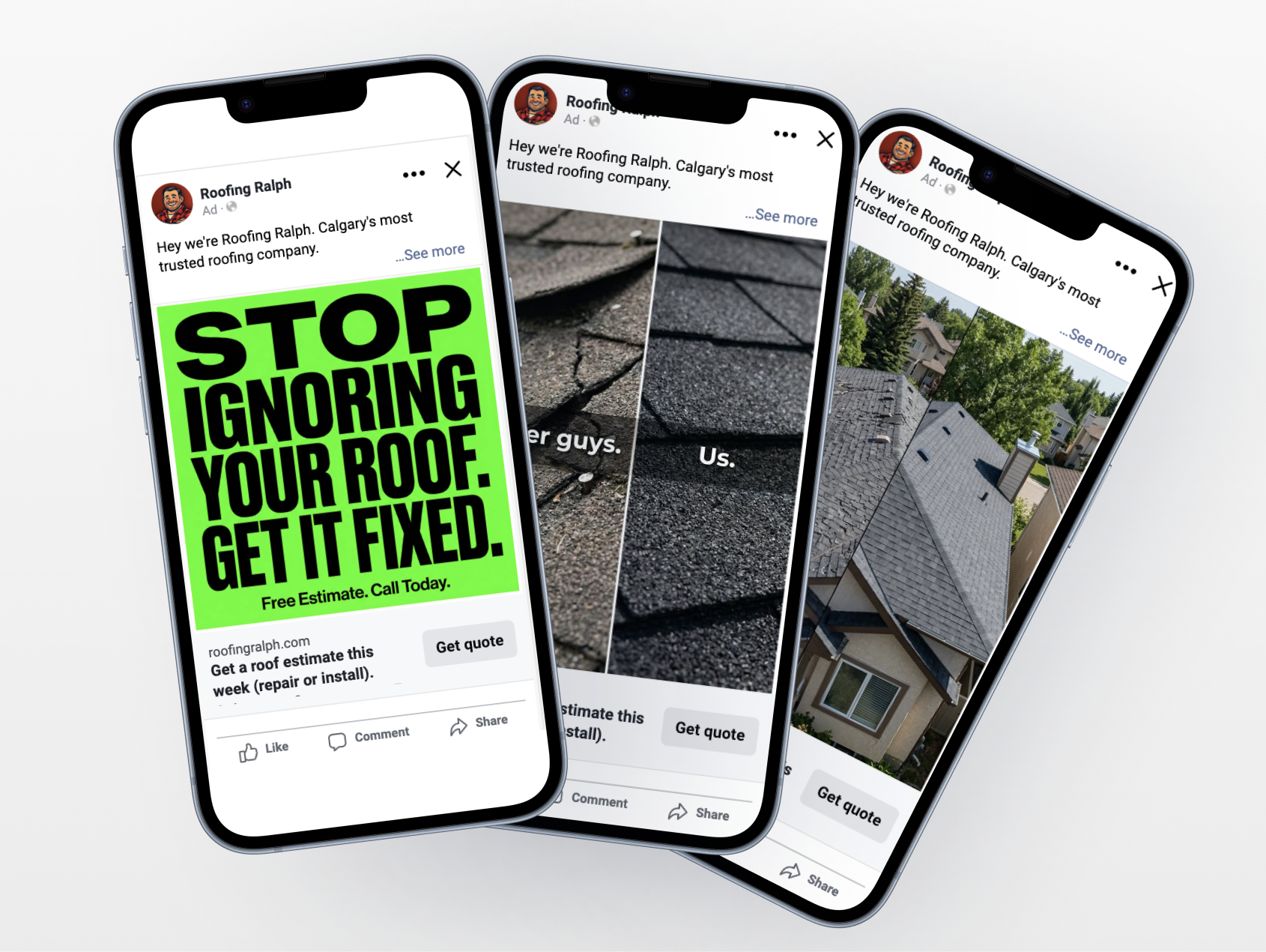 three phone ads mockups for roofing ralph
